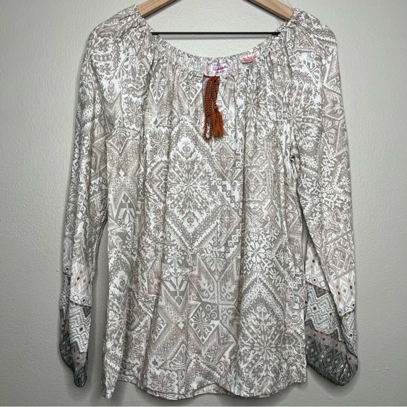 Panhandle Women Top Medium Peasant Boho Cottage Southwestern Scoop Neck Tan - Picture 1 of 11